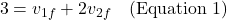 \[3 = v_{1f} + 2 v_{2f} \quad \text{(Equation 1)}\]