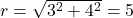 r = \sqrt{3^2 + 4^2} = 5