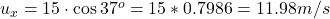 u_x = 15\cdot \cos{37^{o}} = 15 * 0.7986 = 11.98 m/s