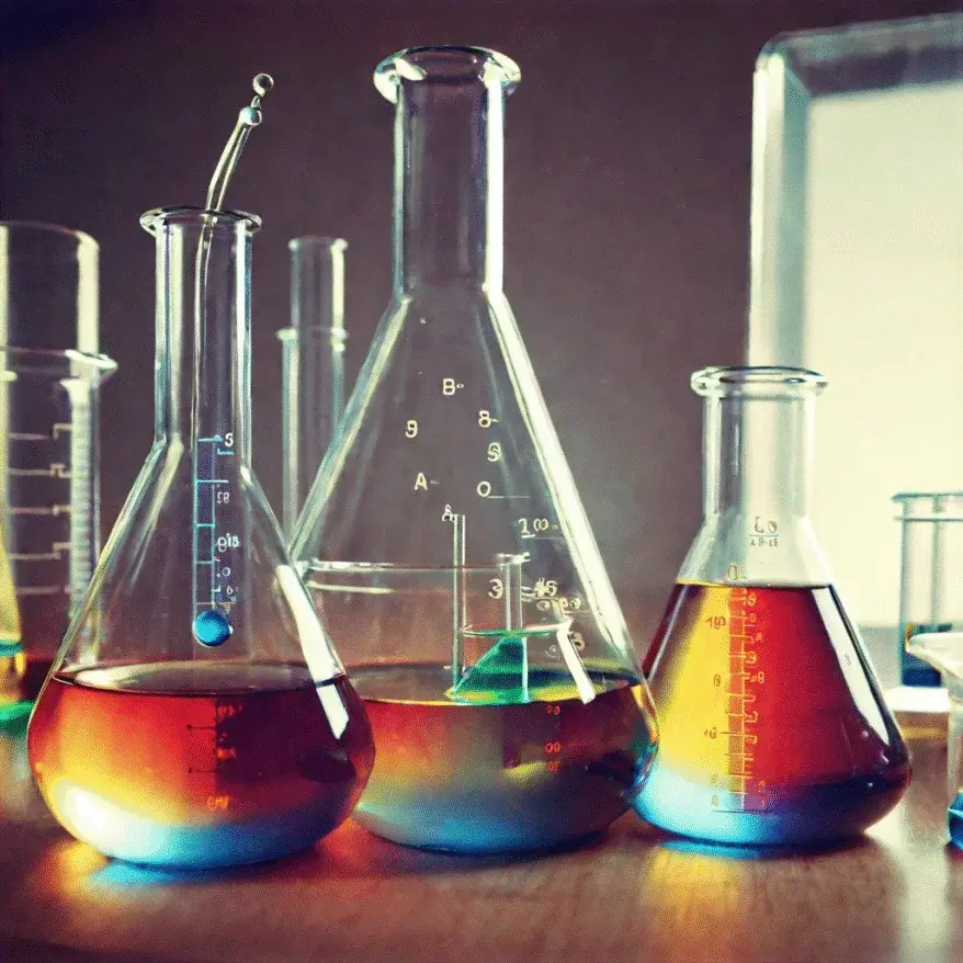 A group of beakers with different liquids on a table.