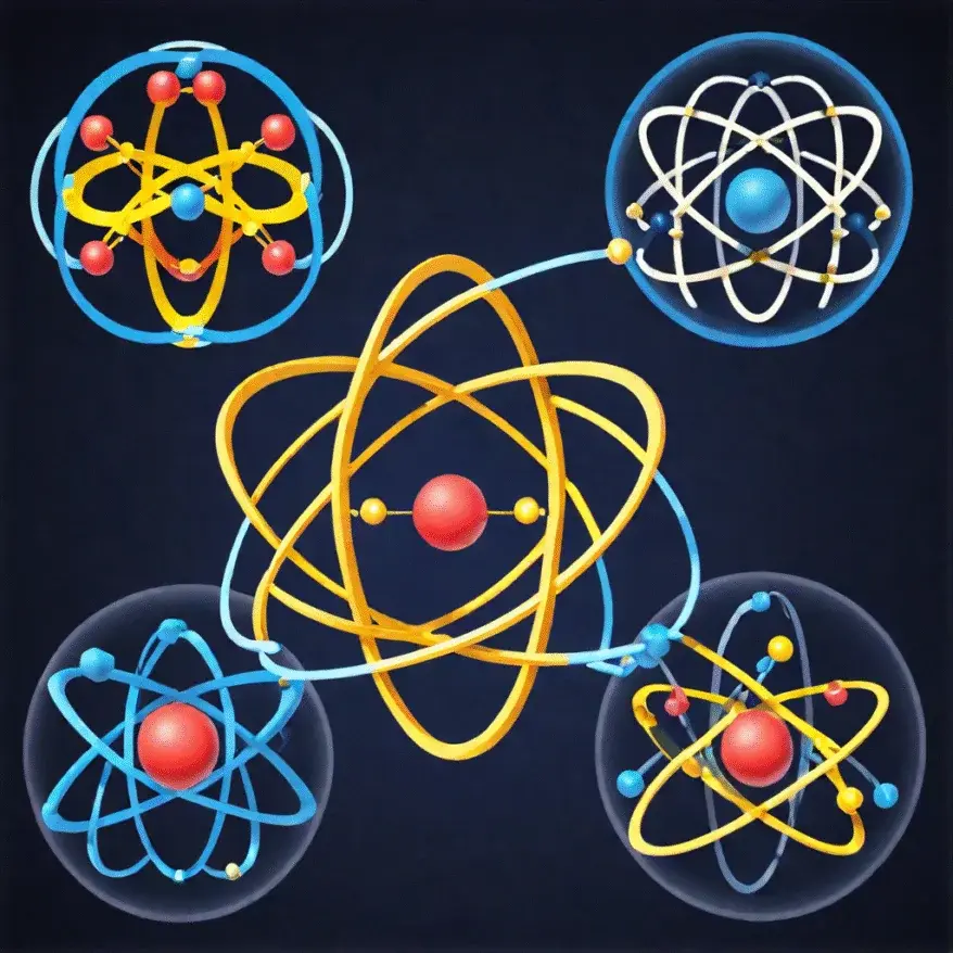 Four atoms on a dark background.