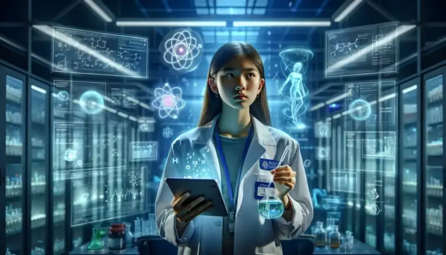 A woman in a lab coat is holding a tablet.