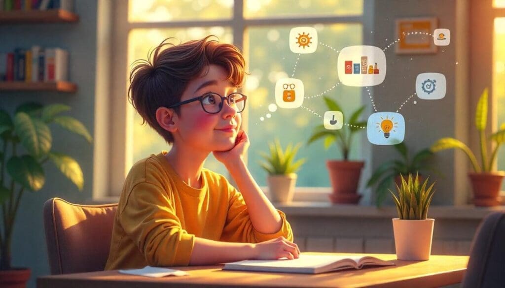 A teenager reflecting on skills and goals, symbolizing self-awareness as the foundation of an entrepreneurial mindset.