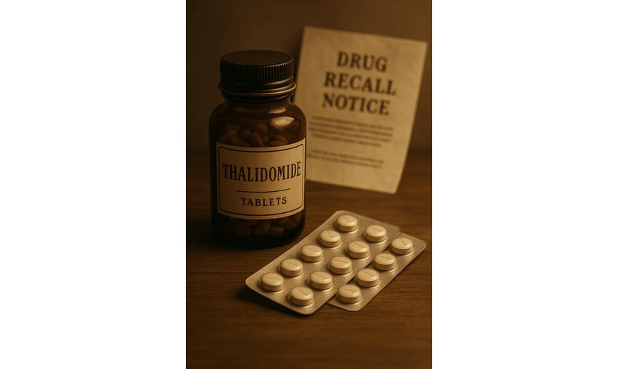 An AI-generated image depicting a thalidomide bottle alongside a drug recall notice, symbolizing its controversial history. Thalidomide is one of the examples of poisons turned into medicine.