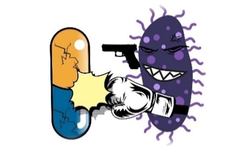Cartoon illustration of a superbug punching a medicine capsule, symbolizing antimicrobial resistance and the failure of antibiotics.