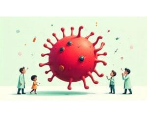 A giant red superbug surrounded by confused scientists and a child, representing the challenge of antimicrobial resistance.