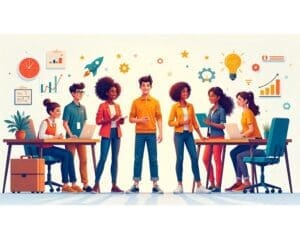 Teenagers in a creative workspace surrounded by innovation symbols, representing the entrepreneurial mindset in action.