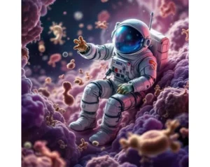 Astronaut floating in a cloud of spaceborne bacteria, surrounded by organic microscopic lifeforms in a cosmic environment.