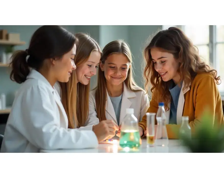 Girls working together in a brightly lit modern classroom.
