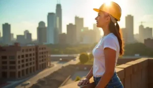 Architecture student overlooking a city skyline from a construction site.