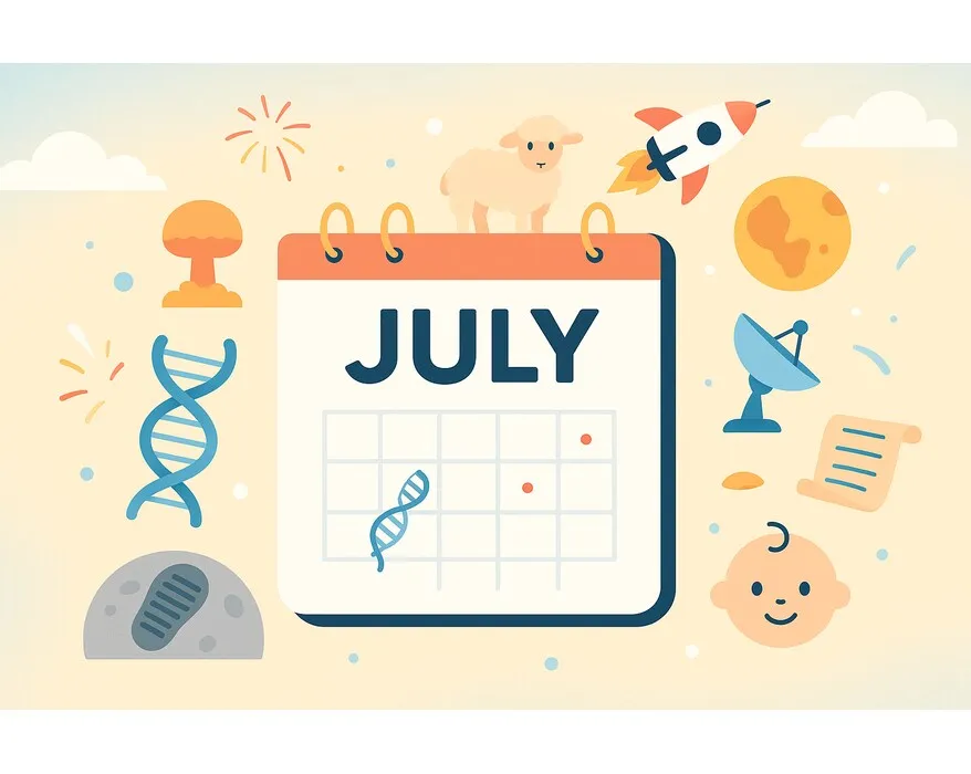 Bright, clean landscape cover image showing a July calendar with scientific icons such as a DNA helix, satellite, rocket, and sheep — representing Science History in July.