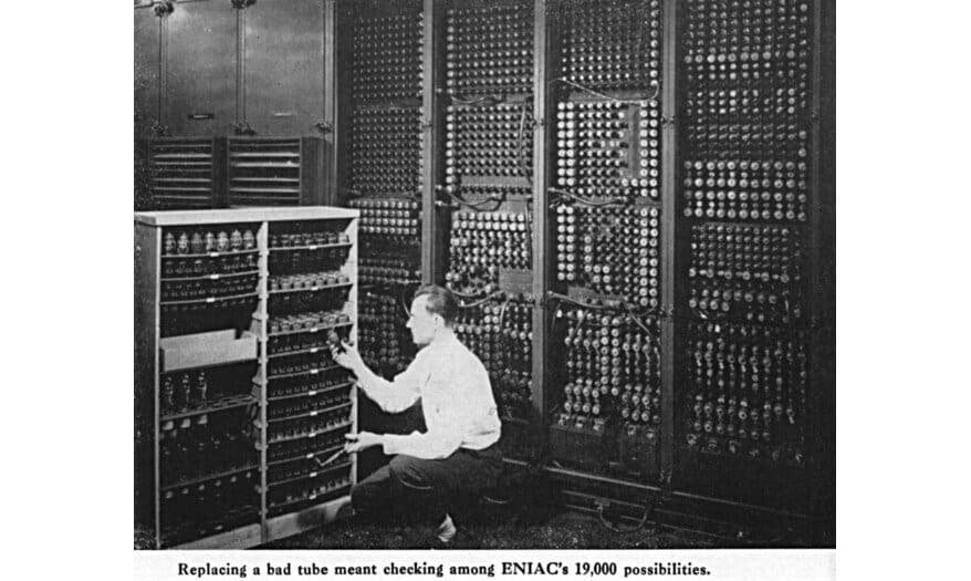 ENIAC computer being operated, showing tube replacement, 1946, Wikimedia Commons / University of Pennsylvania.