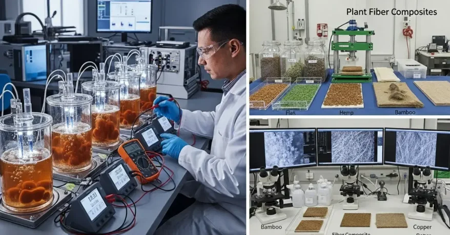 Lab scene showing microbial fuel cells generating energy and composites made from plant fibers.