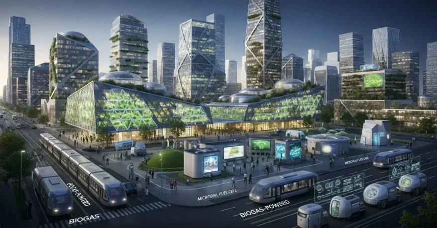 City powered by stealth-inspired bio-waste solutions across buildings, energy, and transport.