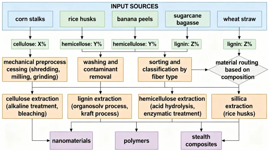 Flowchart showing agricultural residues refined into nanomaterials, polymers, and stealth composites