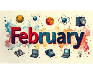 Cover image for historical events in February, with icons representing Luna 9 Moon landing, polygraph, Radium-E, Deep Blue chessboard, telephone, Edison effect, ENIAC computer, and nylon fabric.