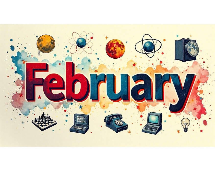 Cover image for historical events in February, with icons representing Luna 9 Moon landing, polygraph, Radium-E, Deep Blue chessboard, telephone, Edison effect, ENIAC computer, and nylon fabric.