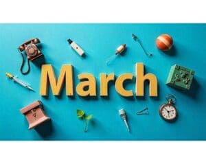 Cover image for historical events in March with icons of Mendeleev’s periodic table, telephone, Goddard rocket, Titan moon, polio vaccine, anesthesia, and daylight saving clock