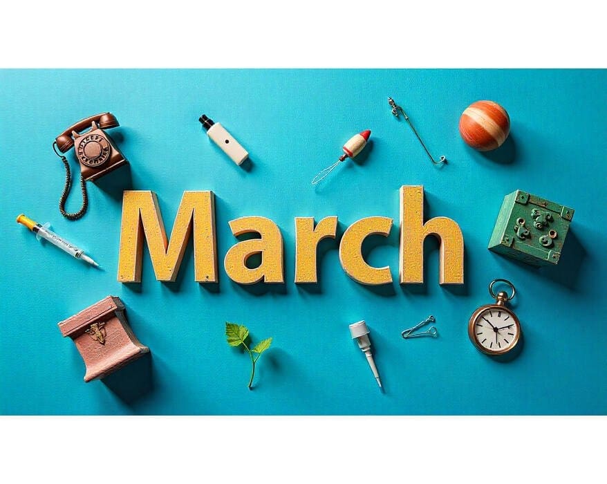 Cover image for historical events in March with icons of Mendeleev’s periodic table, telephone, Goddard rocket, Titan moon, polio vaccine, anesthesia, and daylight saving clock