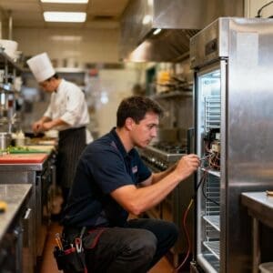 Technician repairing kitchen refrigerator