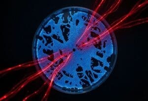 A microscopic "arena" view of a biohackathon in a petri dish. Bioluminescent blue bacterial colonies (defenders) use a genetic firewall to block red digital-biological light streams (attackers). This visualizes the Science Advances study on preventing genetic warfare via genomic hackathon testing.