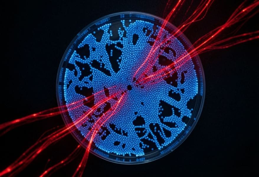A microscopic "arena" view of a biohackathon in a petri dish. Bioluminescent blue bacterial colonies (defenders) use a genetic firewall to block red digital-biological light streams (attackers). This visualizes the Science Advances study on preventing genetic warfare via genomic hackathon testing.