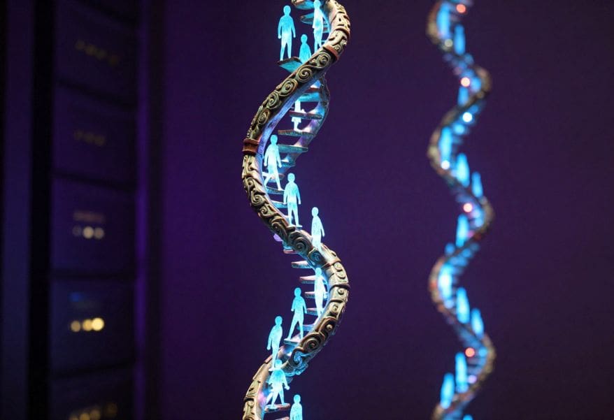 An artistic, vertical depiction of a DNA double helix designed like an ancient, spiraling staircase. Small, glowing cyan figures of people are standing and walking along the rungs of the DNA strand. The helix itself has an intricate, carved stone or metal texture, set against a dark, moody violet background with soft bokeh lights in the distance. Artistic illustration for Genome India Project