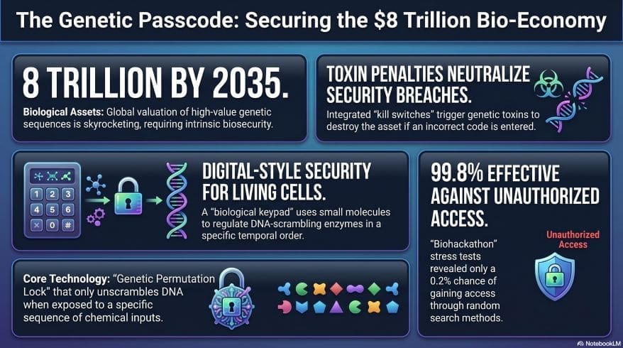 An infographic titled 'The Genetic Passcode' explaining how DNA encryption prevents genetic warfare. It features a biological keypad, kill switches, and results from a biohackathon showing 99.8% effectiveness against unauthorized access to engineered cells.