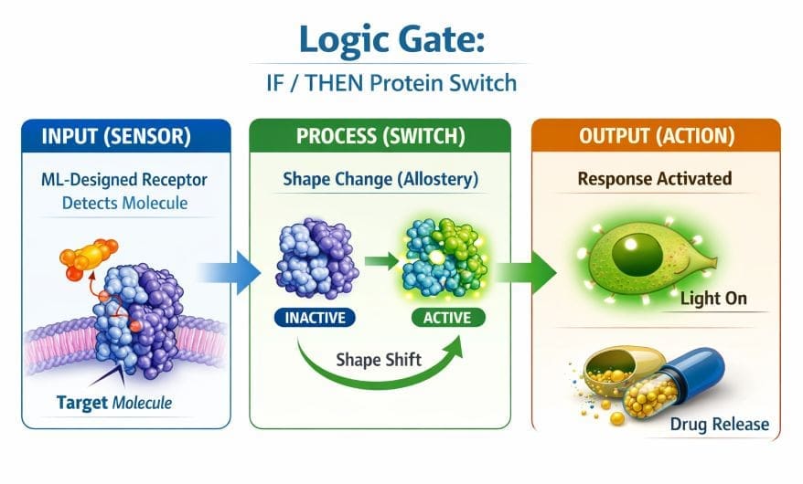 Diagram of an AI-designed protein logic gate sensor: Artificial Allosteric Proteins
